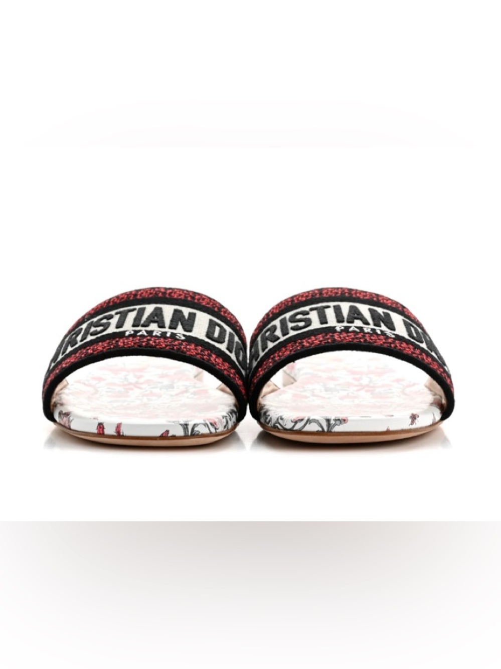 Dior White Slide Sandals with Red Floral Print and Black Logo Strap - Picture 3 of 9